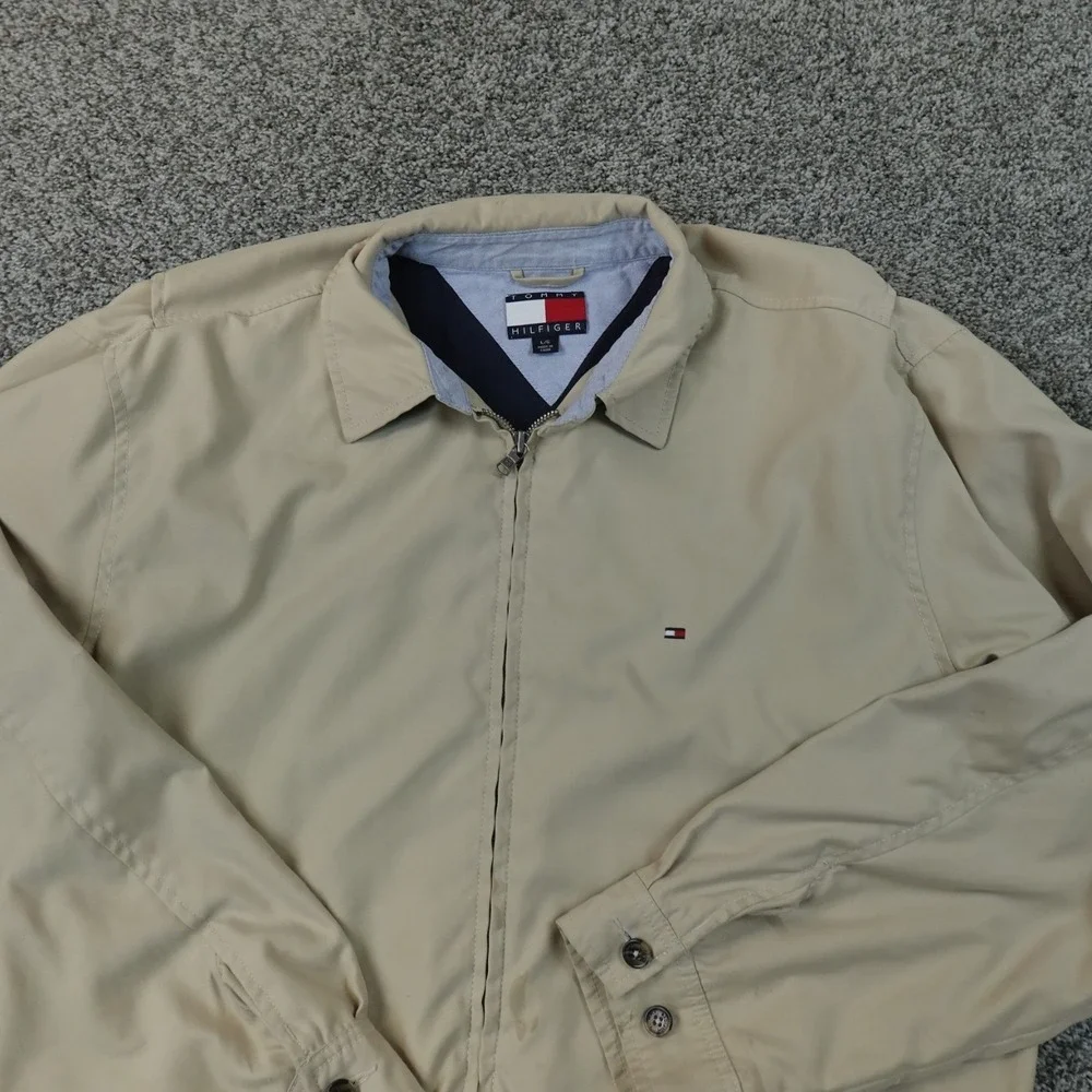 VTG Tommy Hilfiger Jacket Mens L Beige Tan Full Zip Bi Swing Harrington Coat Y2K